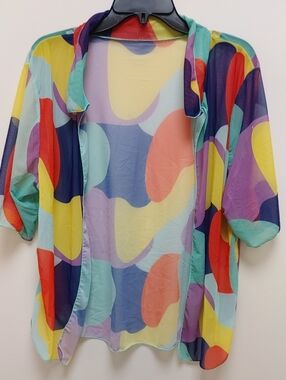 Sheer Mesh Coverup Multicolor Abstract Print Open Front Women Sized OXL